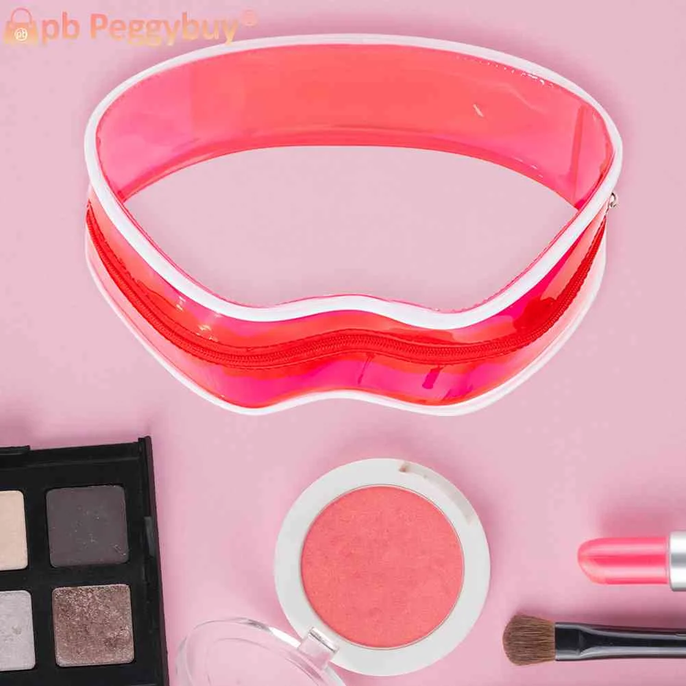 

PVC Cosmetic Bag Transparent Lips Shape Make Up Bags Cute Red Waterproof Multifunctional Zipper Portable for Swimming Fitness