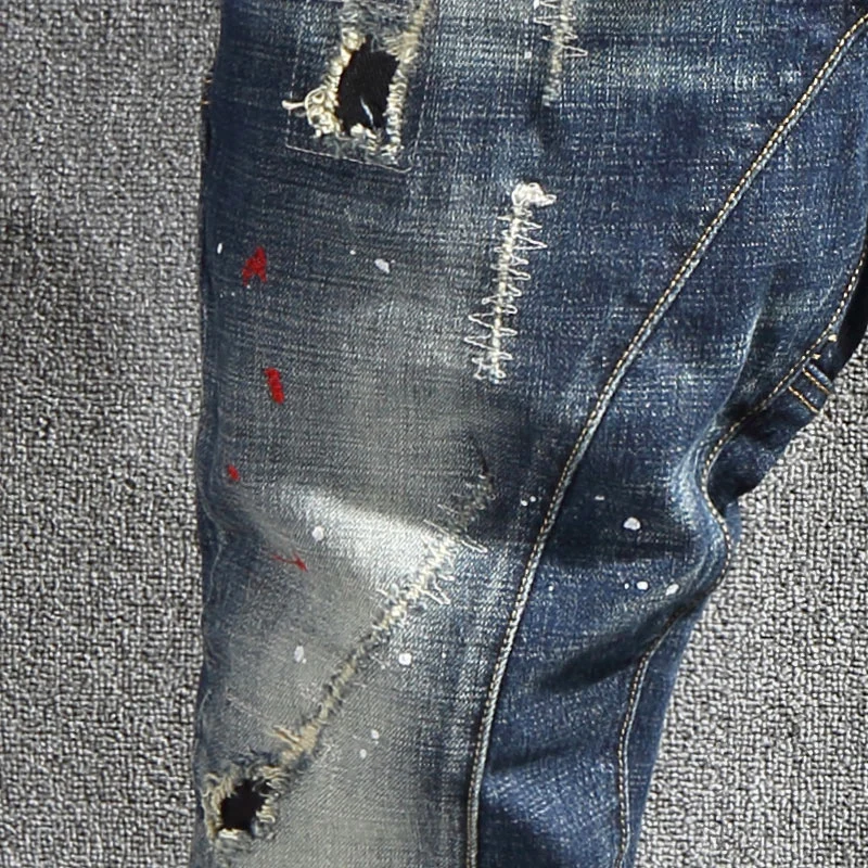 Street Fashion Designer Ripped Jeans Men Retro Blue Biker Jeans Homme Hip Hop Slim Denim Pants Men Stretch Patch Hole Trousers