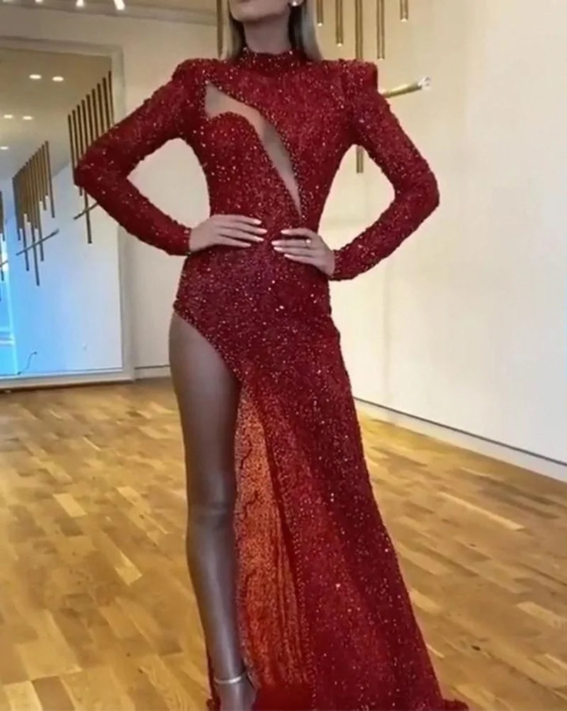 2022 New Style Women's Evening Full Dress Red Sequin Long Sleeve Full Dresses For Women bridesmaid Dress Prom Party Club Dress