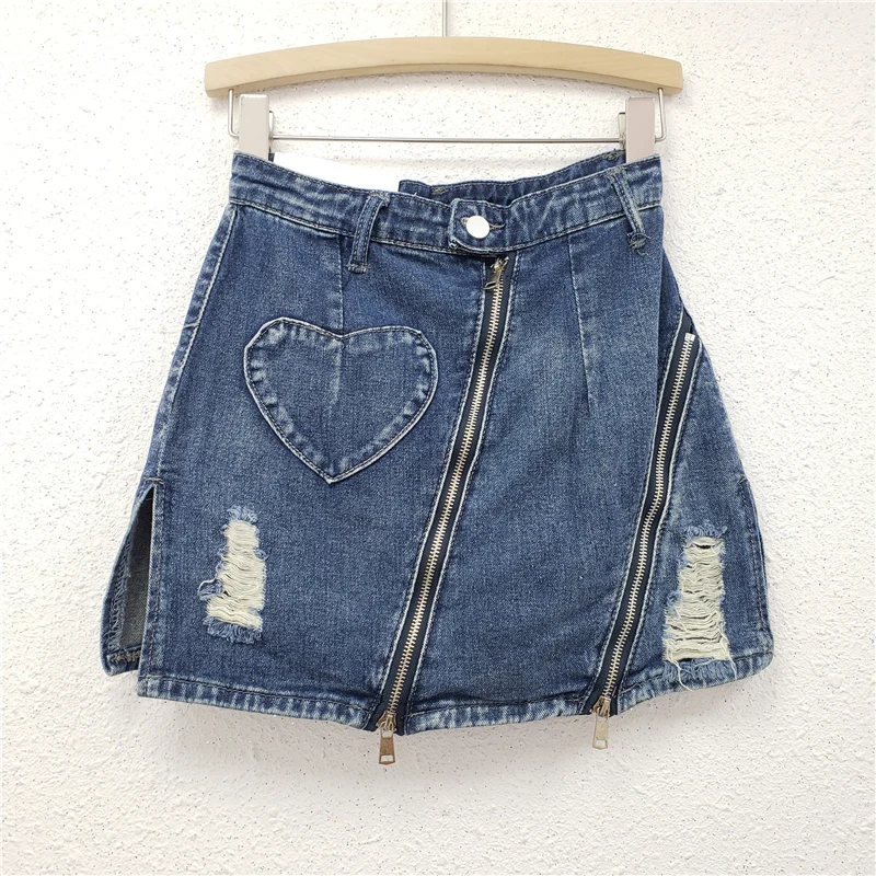 

Джинсовая юбка на двойной молнии для Wonen 2023, Корейская стильная рваная мини-юбка, повседневная Офисная Женская юбка-карандаш с высокой талией