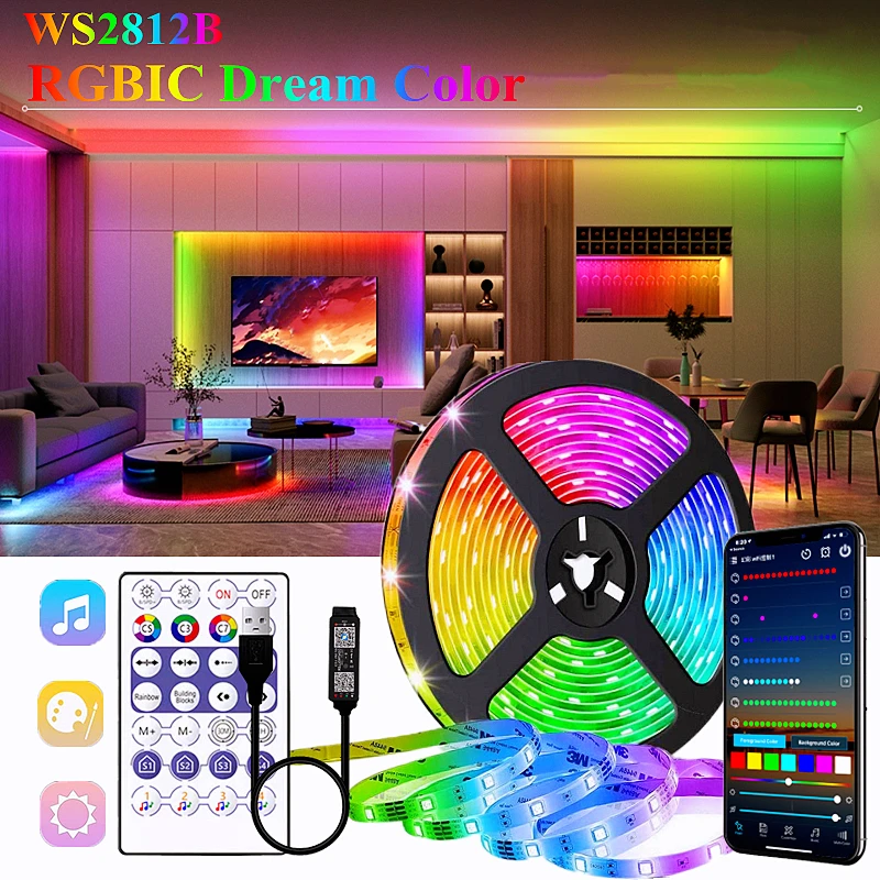 USB LED Strip Light WS2812B RGBIC 1M-30M RGB 5050 Bluetooth Control Flexible Lamp Tape Ribbon Diode For Room Holiday Party Luces |