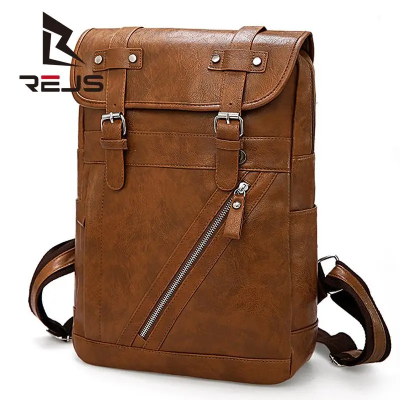 REJS Designer Backpack Men Laptop Bag Large Capacity Waterproof Vintage Luxury Back Pack Pu Leather Fashion Bagpack Casual Bags