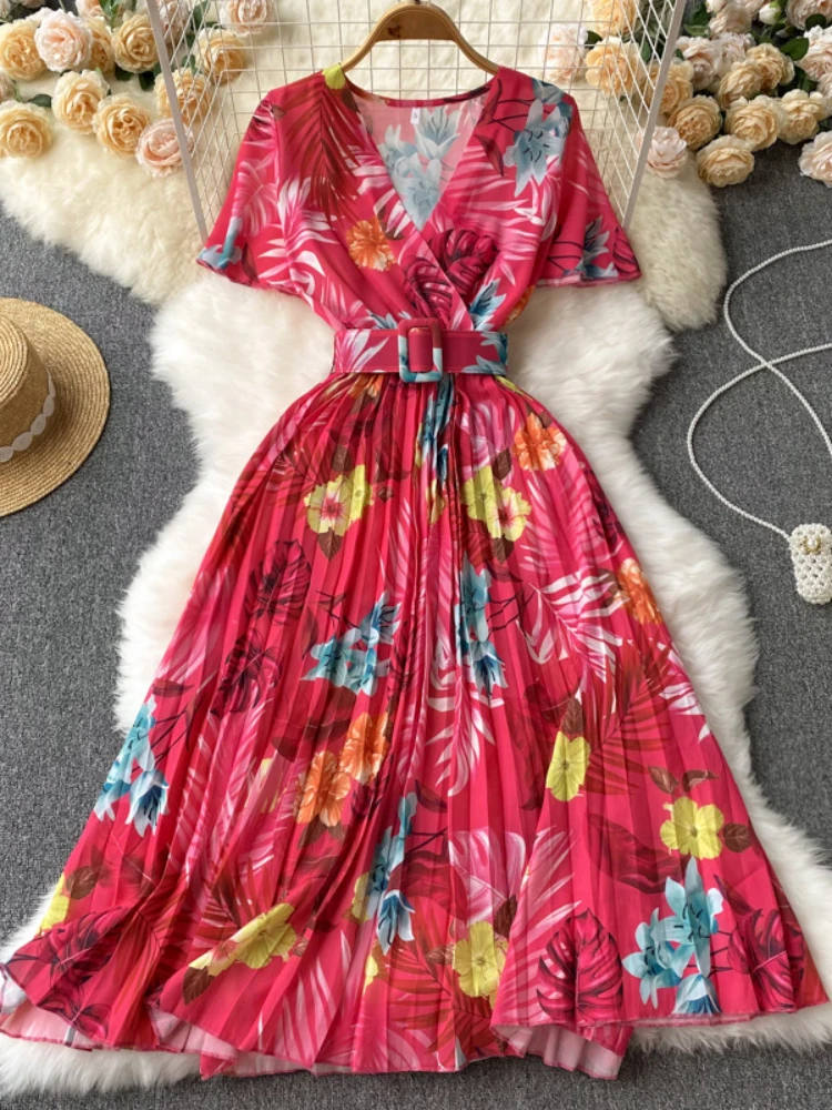 

V-neck Floral Beach Dress Women Summer A Line Pleated Causal Dresses Ladies Short Sleeve High Waisted Casual Dress