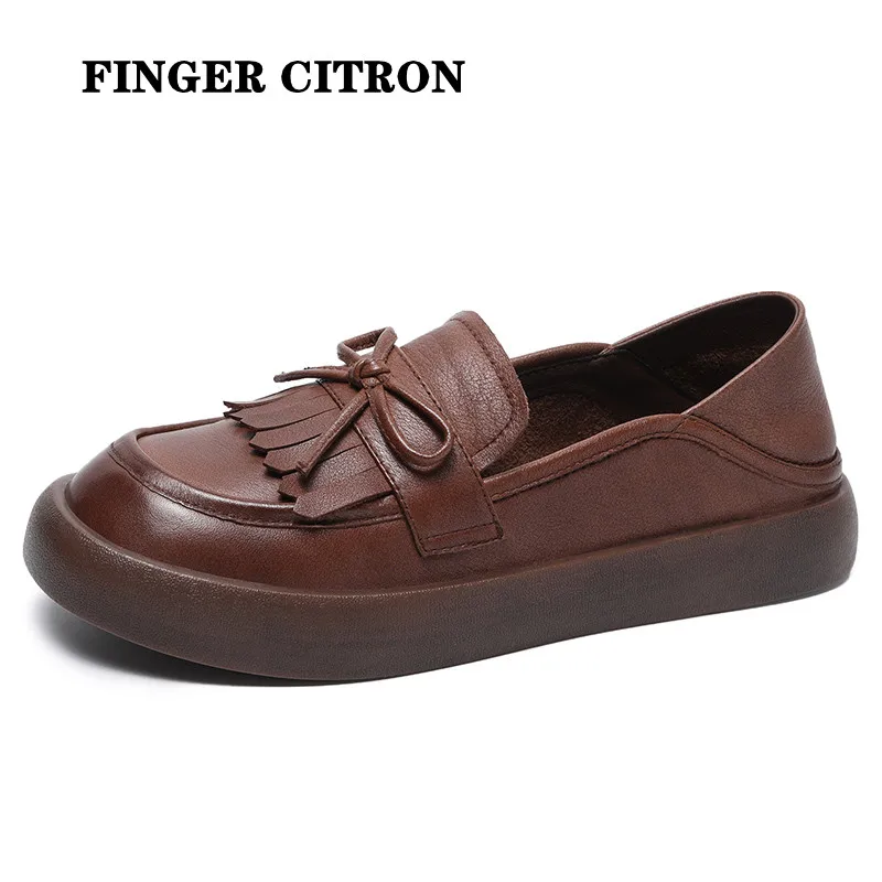 

Finger Citron Women Loafer Shoes Genuine Cow Leather For Spring And Autumn Retro Style Rubber Outsole By Handmade Size 35-40