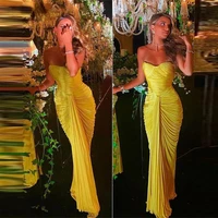 bright yellow chiffonsatin pleats long prom dresses sweetheart mermaid floor length evening gowns women party dress