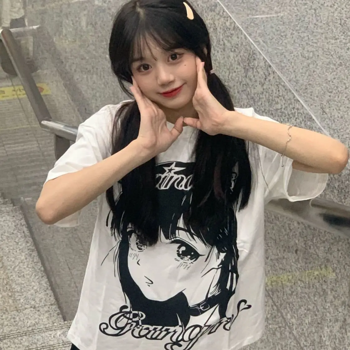 

MINGLIUSILI Kawaii Cartoon Oversize T Shirt Women Summer 2022 Korean Fashion Graphic Tee Splicing Casual All-match Trend Tops
