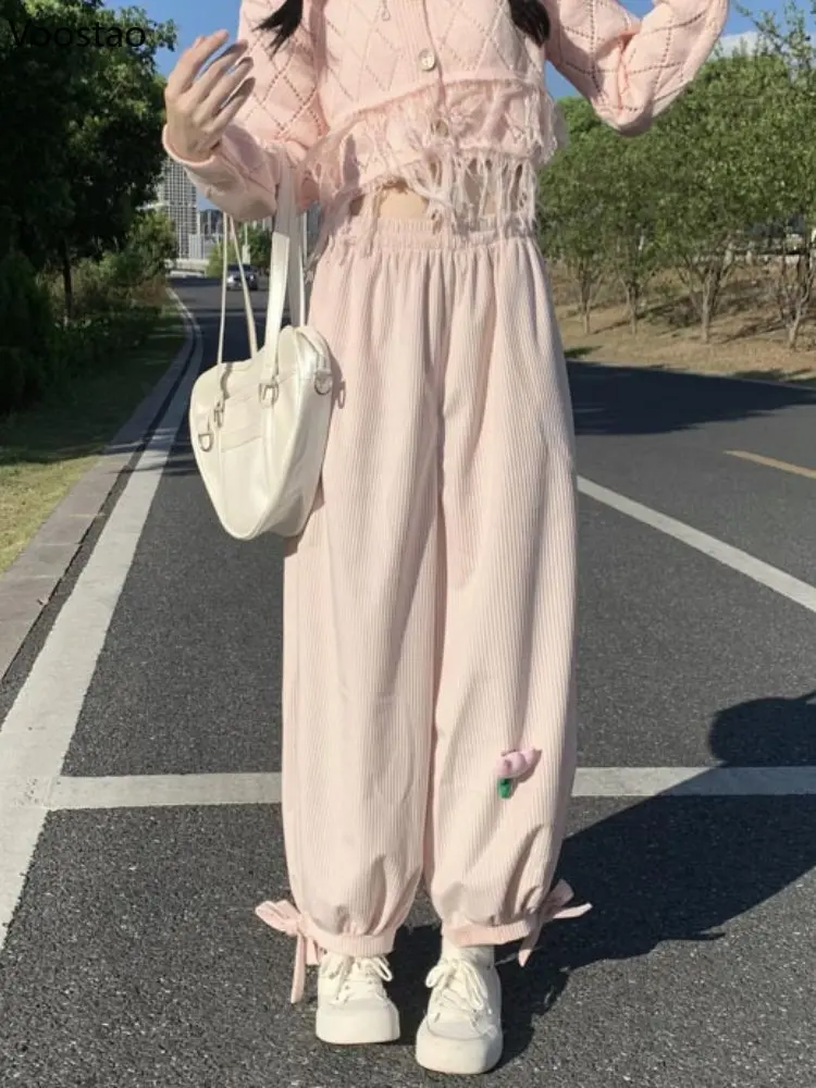 

Japanese Lolita Women Kawaii Corduroy Pants Casual Sweet Loose Bloomers High Waist Sweatpants Girly Clothing Harajuku Trousers
