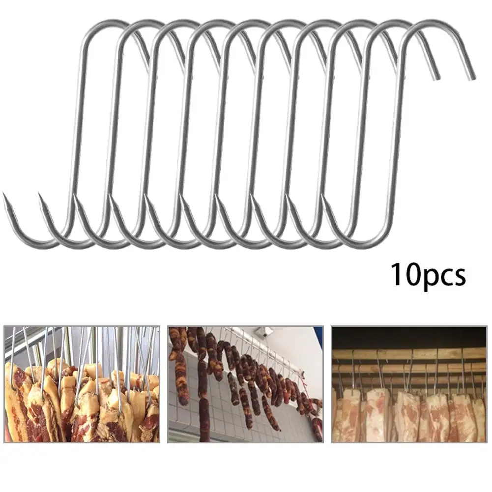 

10Pcs/Set Stainless Steel S Hooks With Sharp Tip Utensil Meat Clothes Hanger Hanging Hooks For Butcher Shop Kitchen Baking Tools