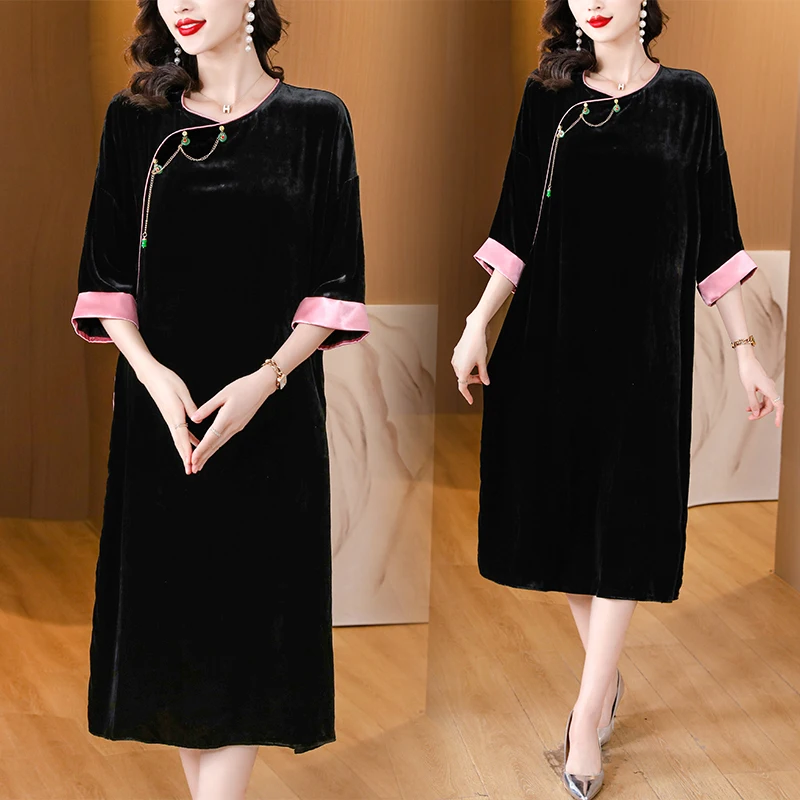 

Женское бархатное платье в китайском ретро-стиле, Осеннее шелковое лоскутное платье Чонсам со скошенной юбкой, 2023