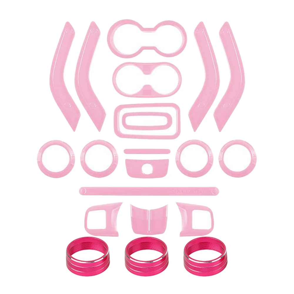 

21 PCS Car Interior Decoration Trim Kit Steering Wheel & Center Console Trim for JK Jeep Wrangler 2011-2017 (Pink)