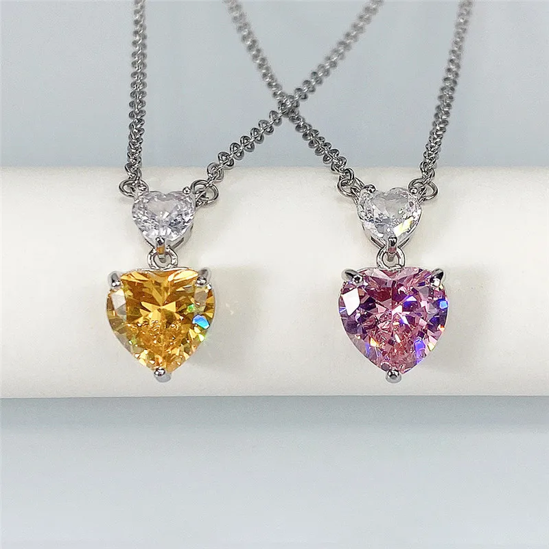 

Korean Style Korean Double Heart Pink Diamond Necklace for Women Cute Peach Heart Zircon Small Pendant Caibao Love Pendant