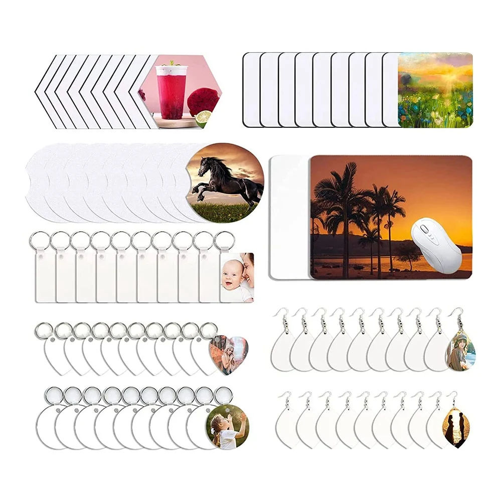 

82Pcs Sublimation Blanks Products Set Blank Keychain Car Coaster Earring Mouse Pad Bulk for DIY