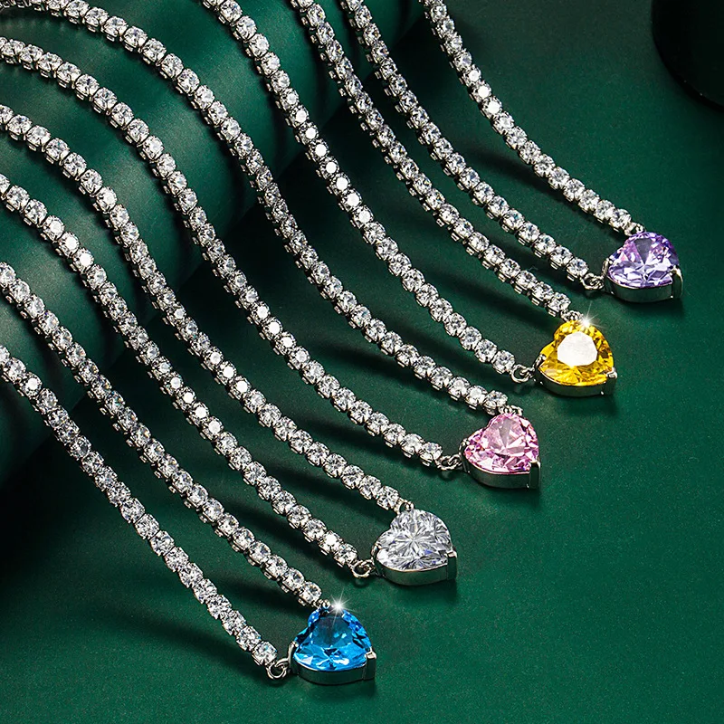 

European and American Luxury Colorful Treasure Set Inlaid Sea Blue Topaz Necklace Heart-shaped Lock Pink Diamond Bone Chain