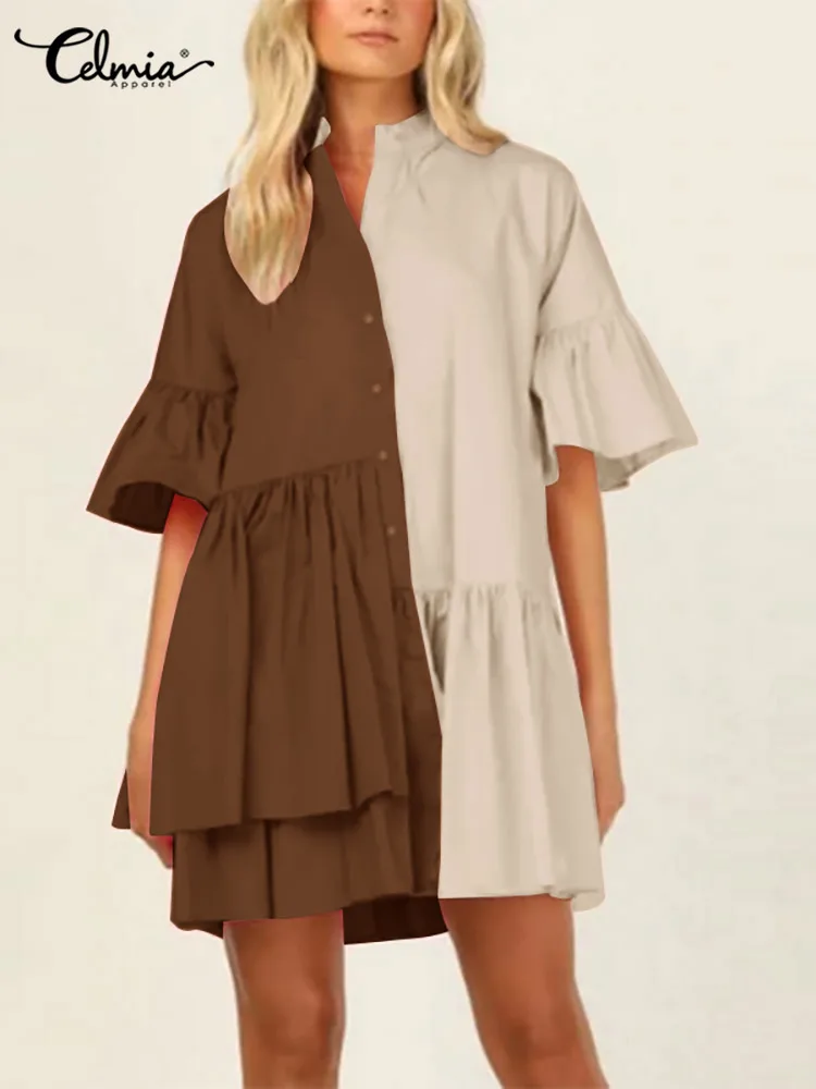 

Celmia Women Flare Sleeve Short Sundress Fashion Femme Pleated Color Blocking Dress Ruffles Patchwork Casual Loose Mini Dress