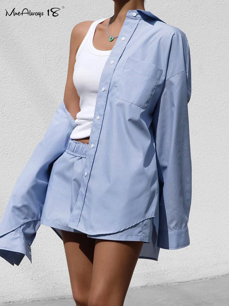 

Mnealways18 Blue Oversize Shorts Stripe Sets Two Pieces Lapel Shirts And Stretch Shorts Office Ladies Outfits Autumn 2023 Casual