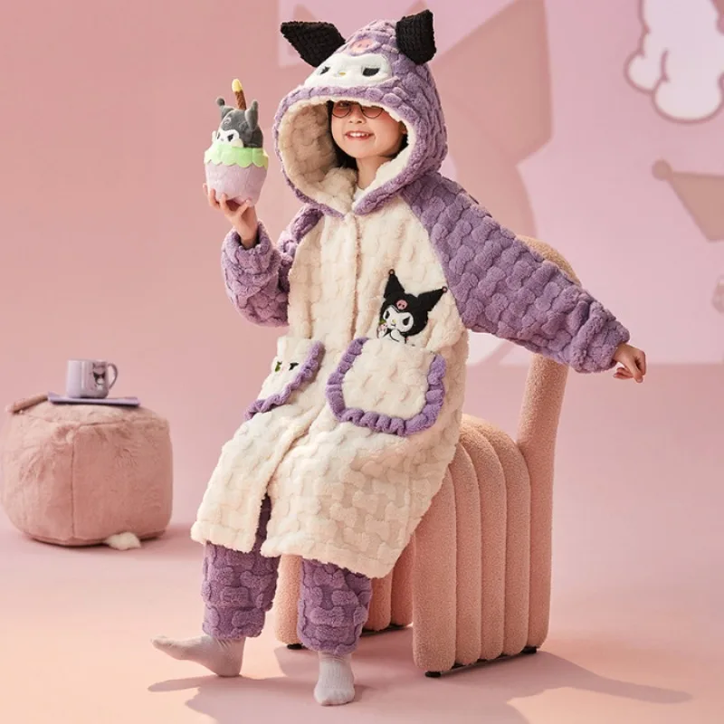 

Anime Sanrio Cinnamoroll Kuromi My Melody Children Winter Nightgown 2023 New Thickened Stay Warm Coral Velvet Pajamas Kids Gifts