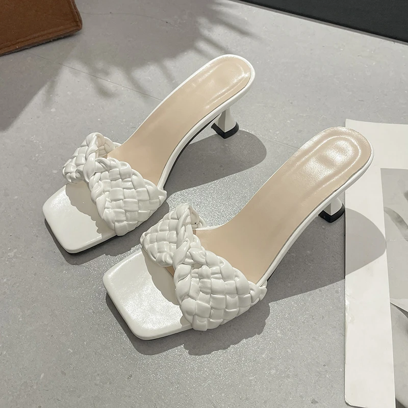 

Hgih Heels Quality Slippers Women Pumps Fashion Brand Weave Slippers Thin High Heels Female Shoes Slides Woman Shoes Size 42