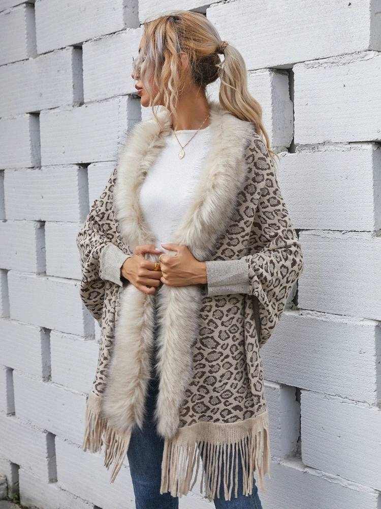 

Winter Women's Knitted 2023 Winter New In Casual Style Leopard Fur Collar Bat Sleeve Cardigan Shawl Knit Coat Women's Clothing