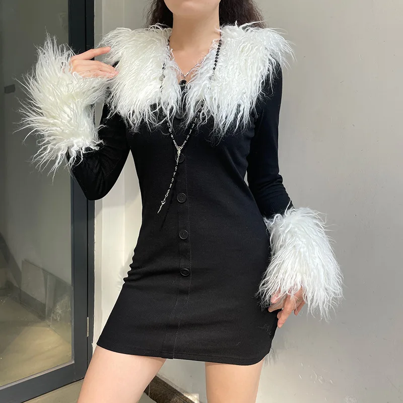 

Female 2021 Autumn Sexy Mini Club Nightclub Dress Detachable Fur Collar Stitching Slim Long-sleeved Birthday Party Bag Hip Dress