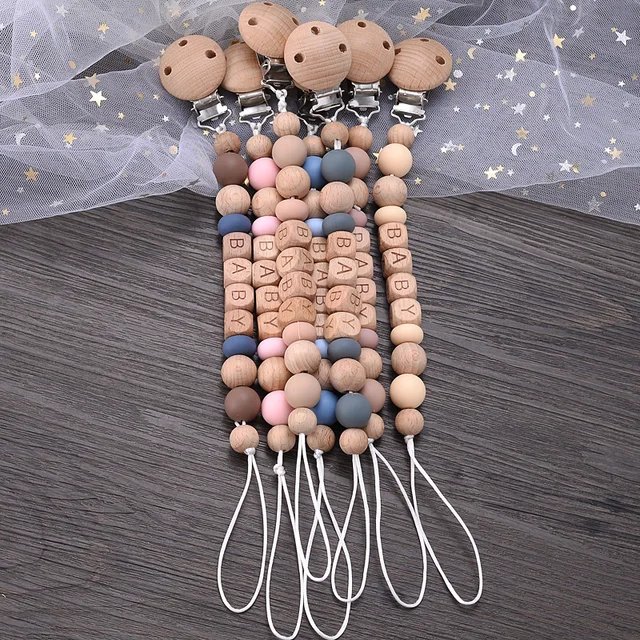 Baby Personalized Name Pacifier Clips Silicone Wooden Beech Beads Anti-Lost Pacifier Chain for Dummy Nipple Holder BPA Free 2