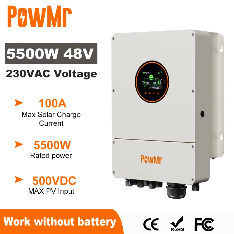 

PowMr 5.5KW Hybrid Solar Inverter 48V 220V On Grid Pure Sine Wave Inverter 5500W MPPT 100A Solar Controller Max PV Input 500VDC