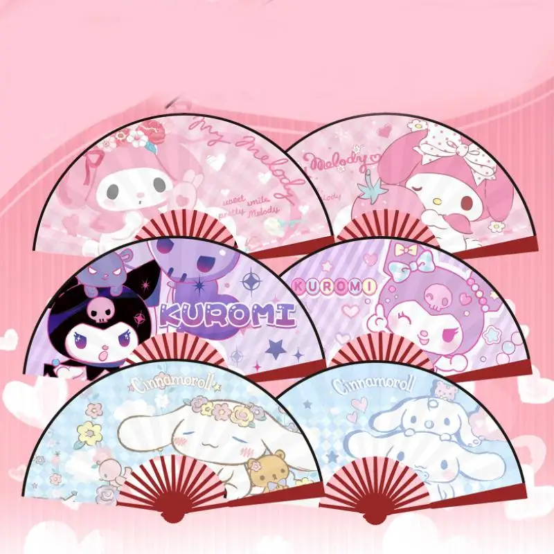 Kawaii Sanrio Kuromi Mymelody Cinnamoroll Sanrio Silk Cloth Folding Fan Cute Cartoon Fan Anime Perimeter Bamboo Fan