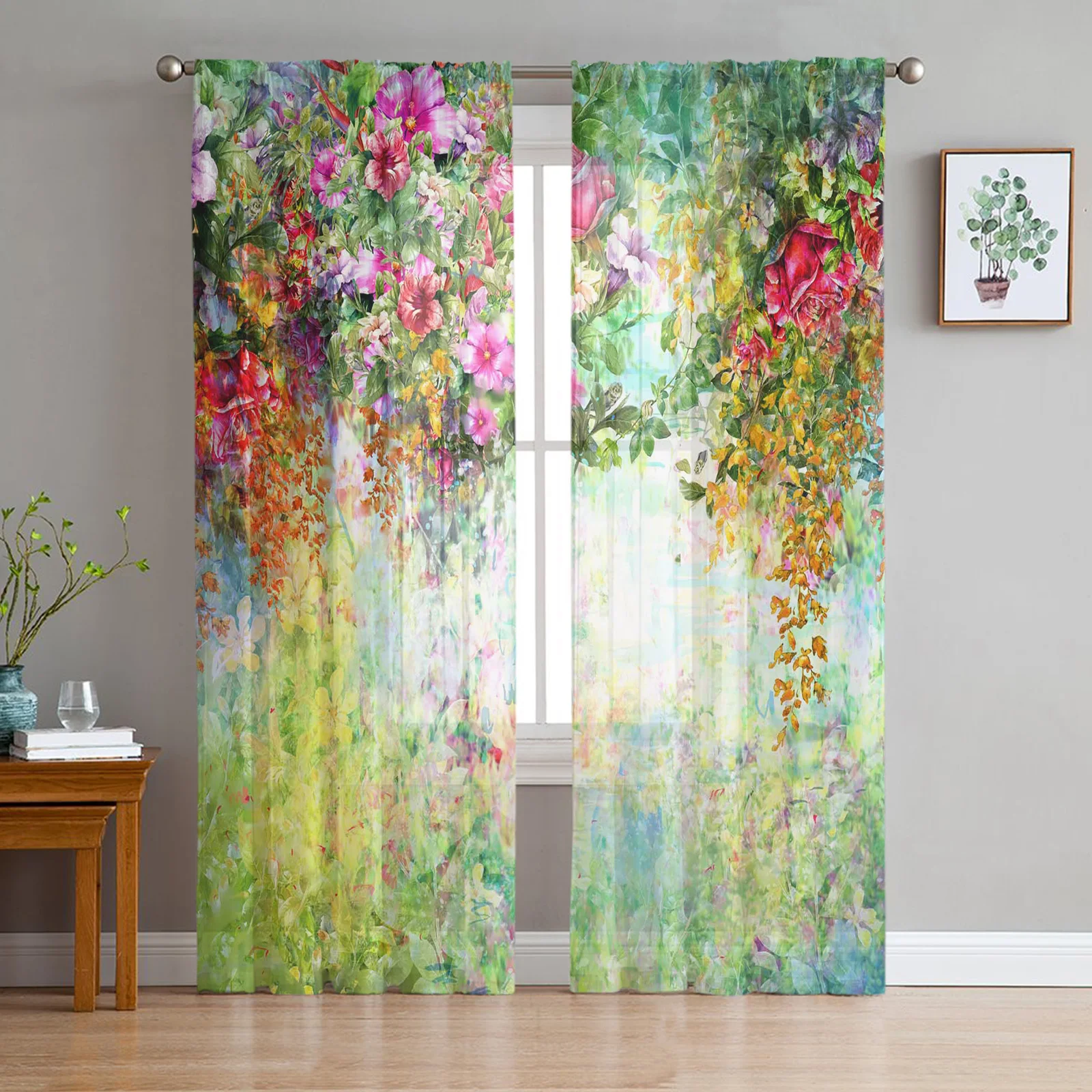 

Flower Watercolor Vineman Rose Morning Glory Voile Tulle Sheer Curtains for Bedroom Living Room Kitchen Decor Window Curtain