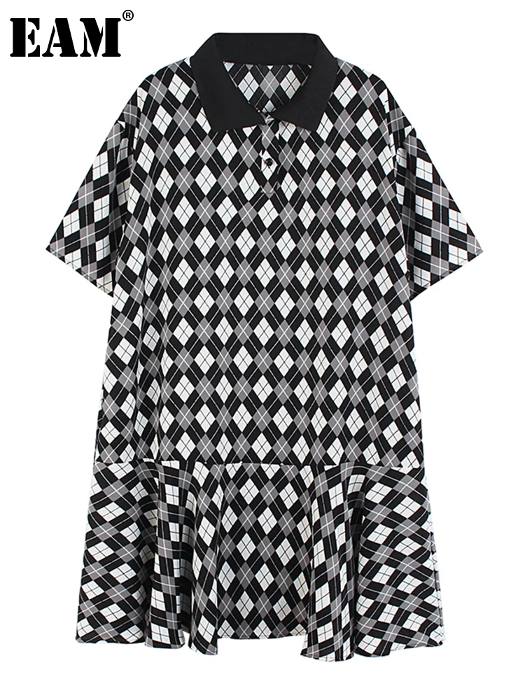 

Женское платье средней длины EAM, черное клетчатое платье с оборками, большие размеры, новинка 2023, 1DE8265