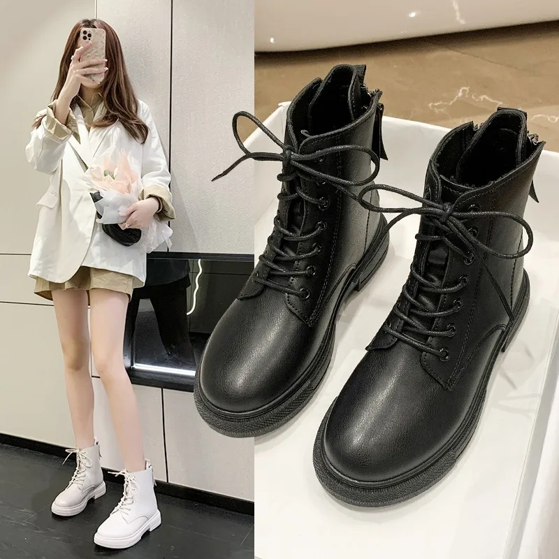 Fashion Boots Women Platform 2022 Autumn Winter Warm Leather Zipper Short Boots Female Motorcycle Ankle Boot Botas Mujer Black