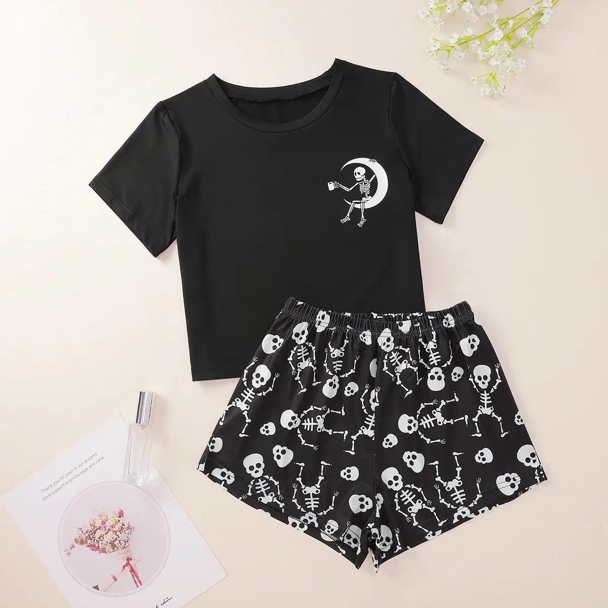 Skull Print Short Sleeve Pajama Set Fashion Sexy Home Women's Underwear Pajamas Set