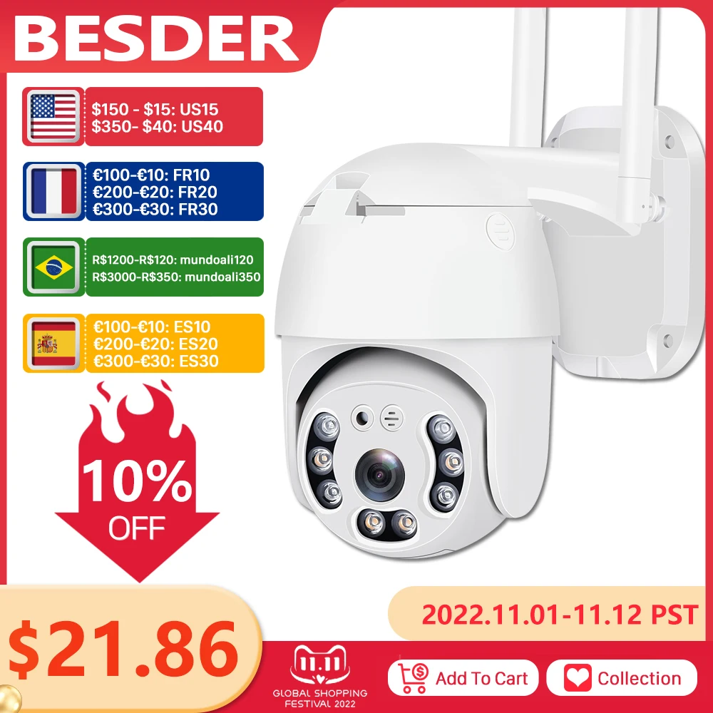 

IP-камера BESDER FHD, 5 МП, 3 Мп, PTZ, Wi-Fi, H.265, P2P, датчик движения, автоматическое отслеживание, 1080P, беспроводная уличная камера видеонаблюдения