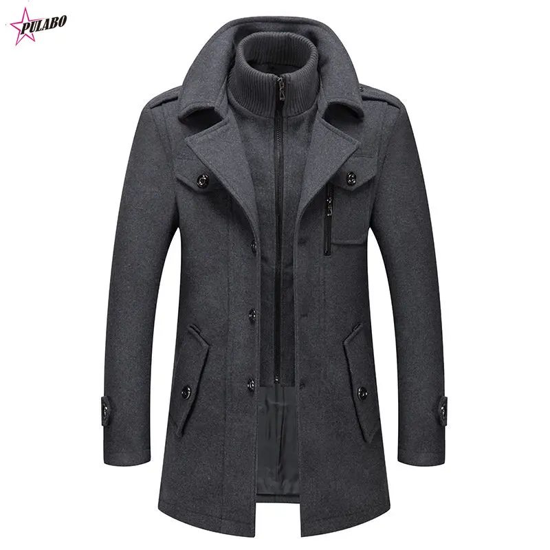 

PULABO Fashion New Winter Wool Coat Men Double Collar Thick Jacket Single Breasted Trench Coat Men Fashion Wool Blends Overcoats