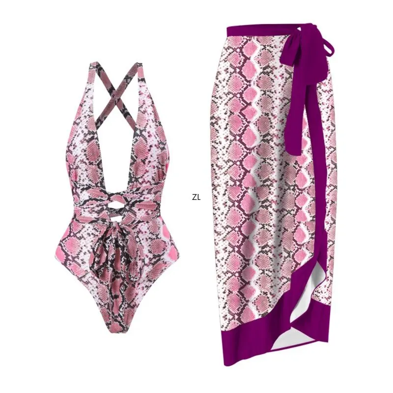 2 Piece Sets Women Outfi Retro Beach Swimsuit Set Elegant Chiffon Skirt One Piece Swimsuit Printed Beach Sexy Bikini Set Summer