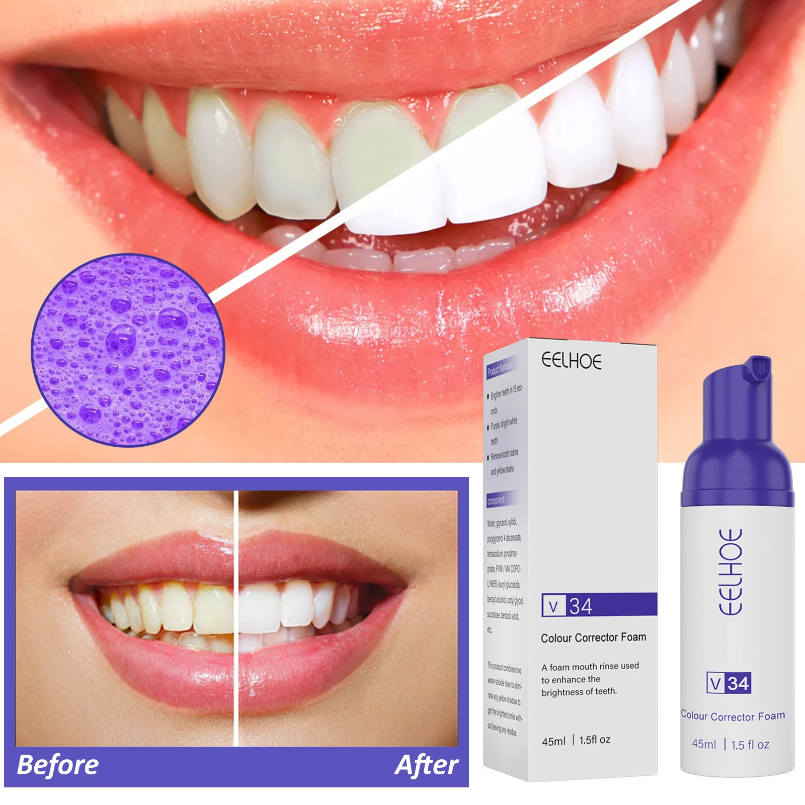 

45ml Teeth Whitening Cleansing Toothpaste Care V34 Colour Corrector Teeth Sensitive Intensive Stain Removal Reduce Yellowing
