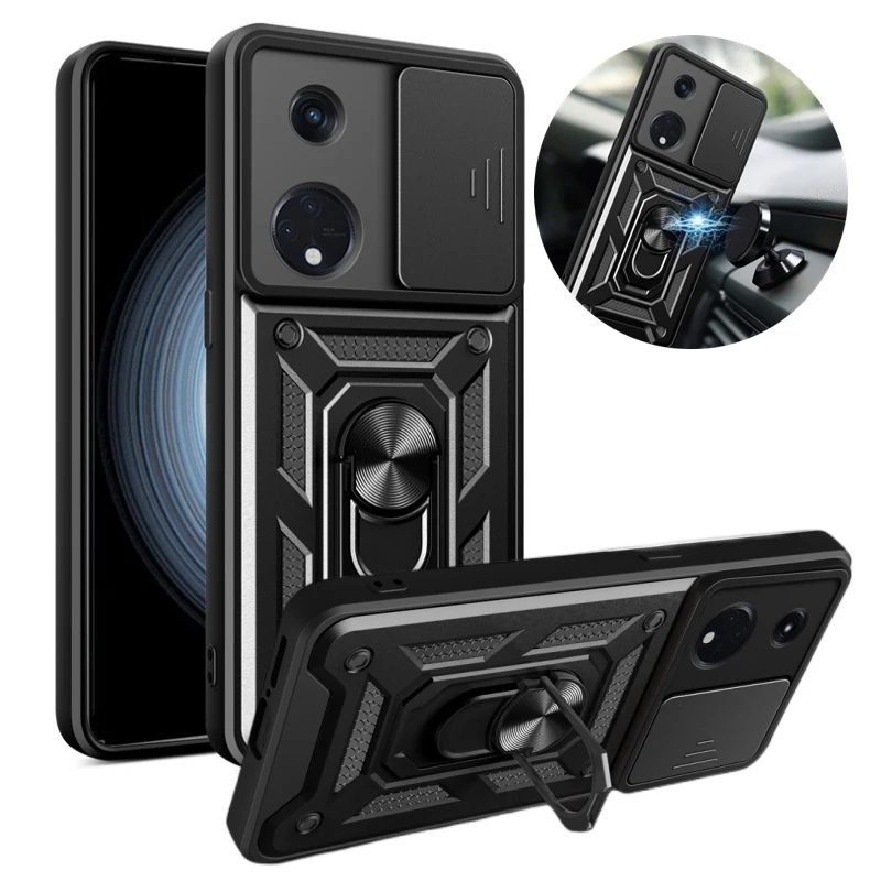 

For OPPO Reno8T 5G Case Armor Slide Camera Protect Phone Case For Reno 8T 8 T Reno8 T 5G 6.7" CPH2505 Magnetic Holder Ring Cover