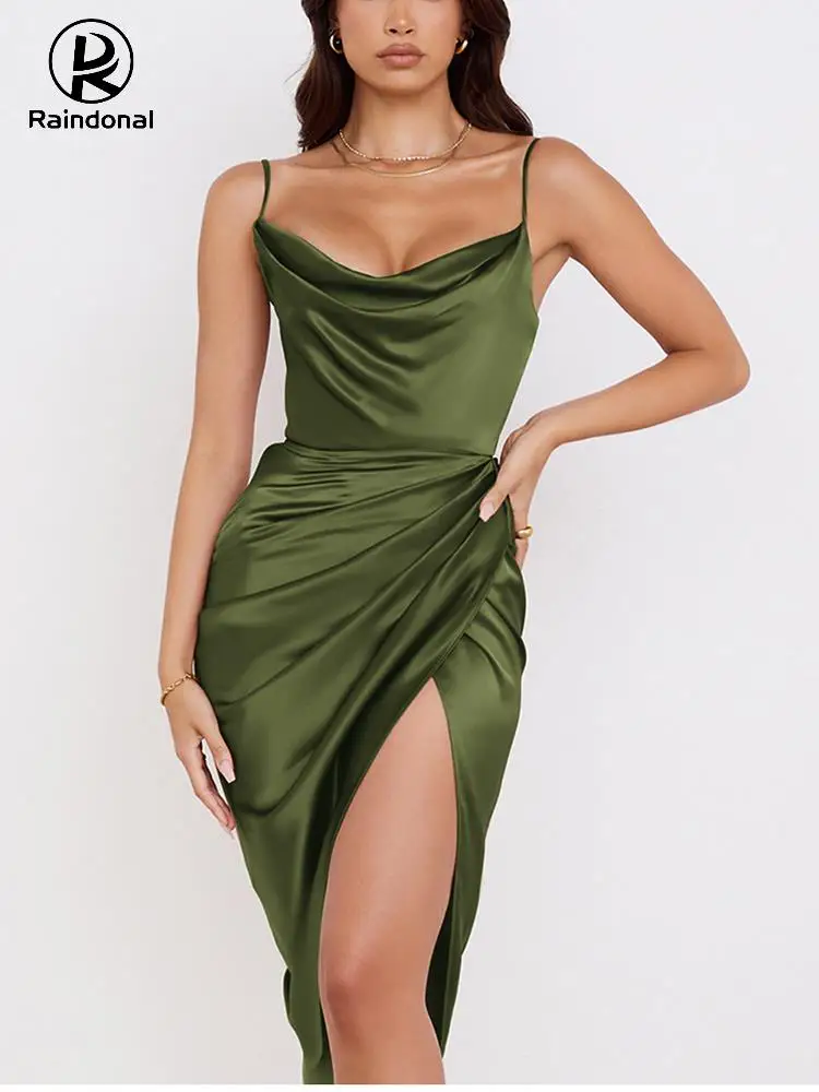 

Raindonal Satin Dress White Midi Robe Sexy Woman Dresses Shiny Split Spaghetti Strap Ruched Swinging Collar High Waist Party