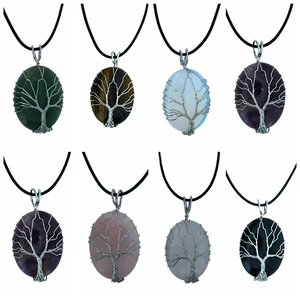 Silver Life of Tree Wire Wrap Gemstone Pendant Necklace 18" Black Cord Spiritual Stone Reiki Healing Chakra Oval Crystal Jewelry