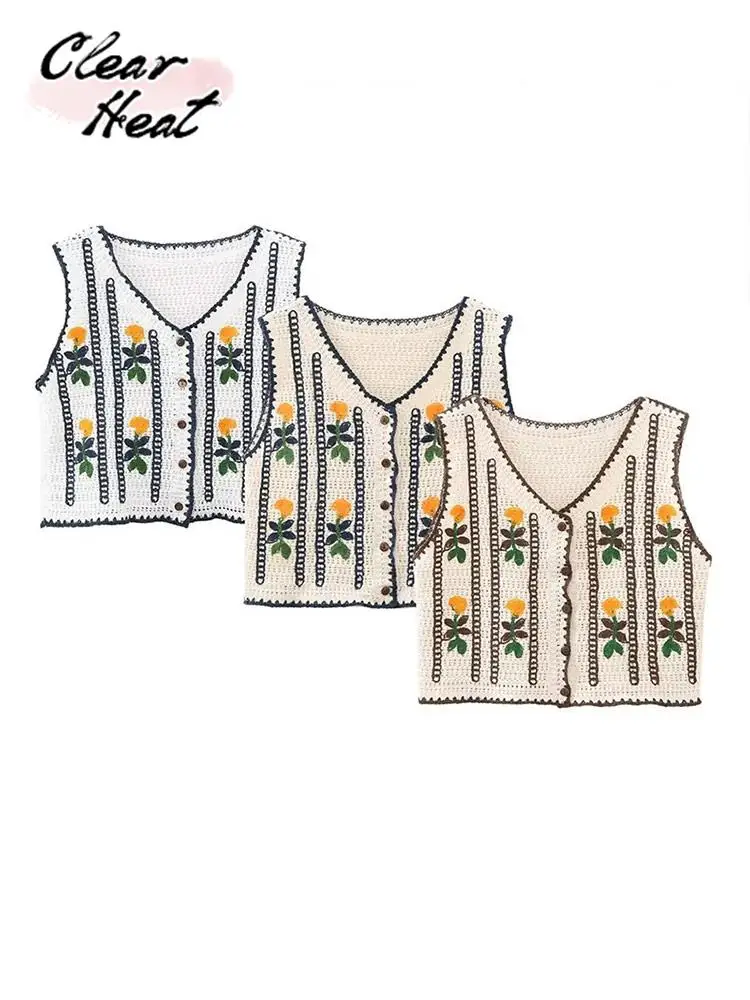 

Vintage Flower Embroidered Knitted Vest For Women Sexy Sleeveless Single Breasted Tops 2023 Causal Loose Street Lady Waistcoat