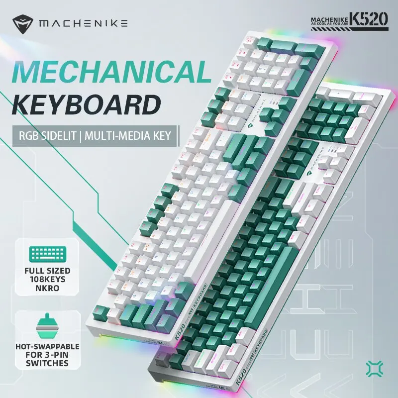Machenike K520 Mechanical Keyboard Wired Connection Red Switch Hot Swappable 108 Keys LED Backlit RGB Sidelit Gaming Keyboard