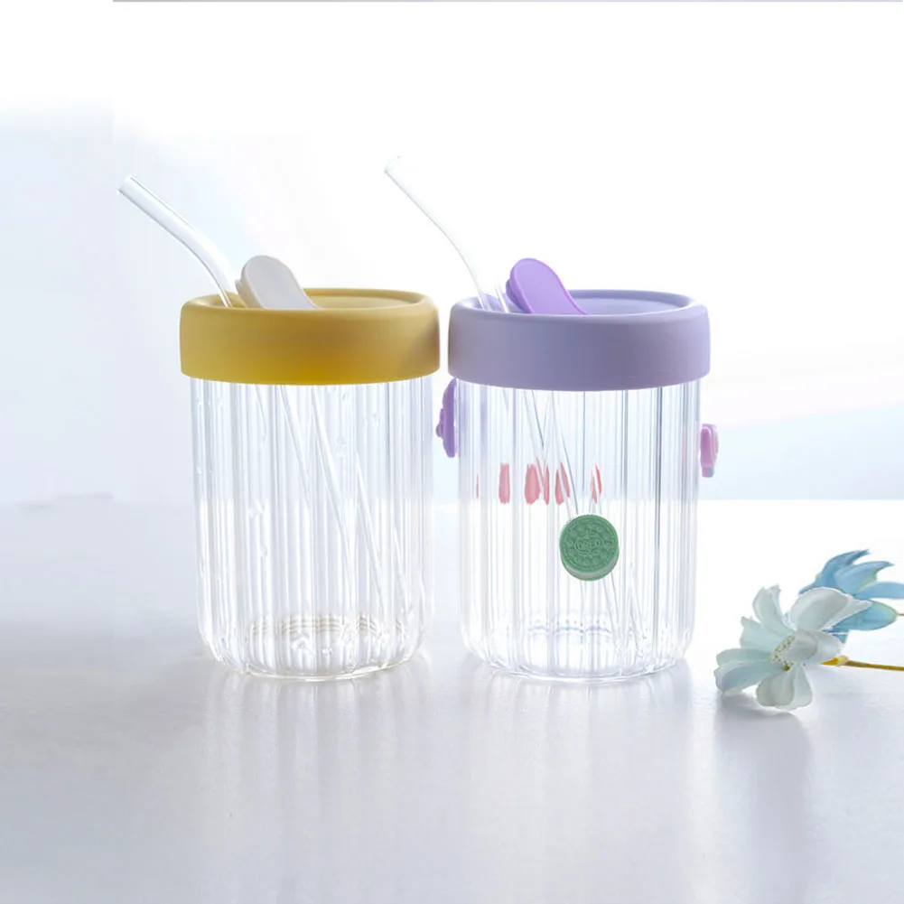 

480ML Glass Water Bottle With Straw Cute 3D Sticker Travel Portable Coffee Juice Milk Tea Cup Water Cup For Girls And Kids