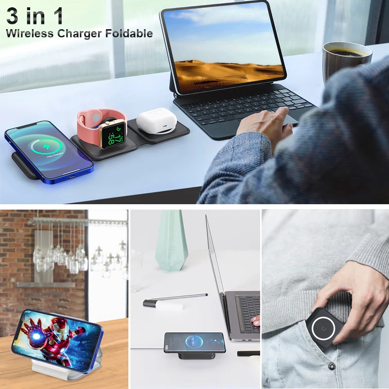 3 in 1 wireless charger foldable for iphone 12 13 pro max 15w magnetic fast charging dock stand for apple watchairpods portable free global shipping