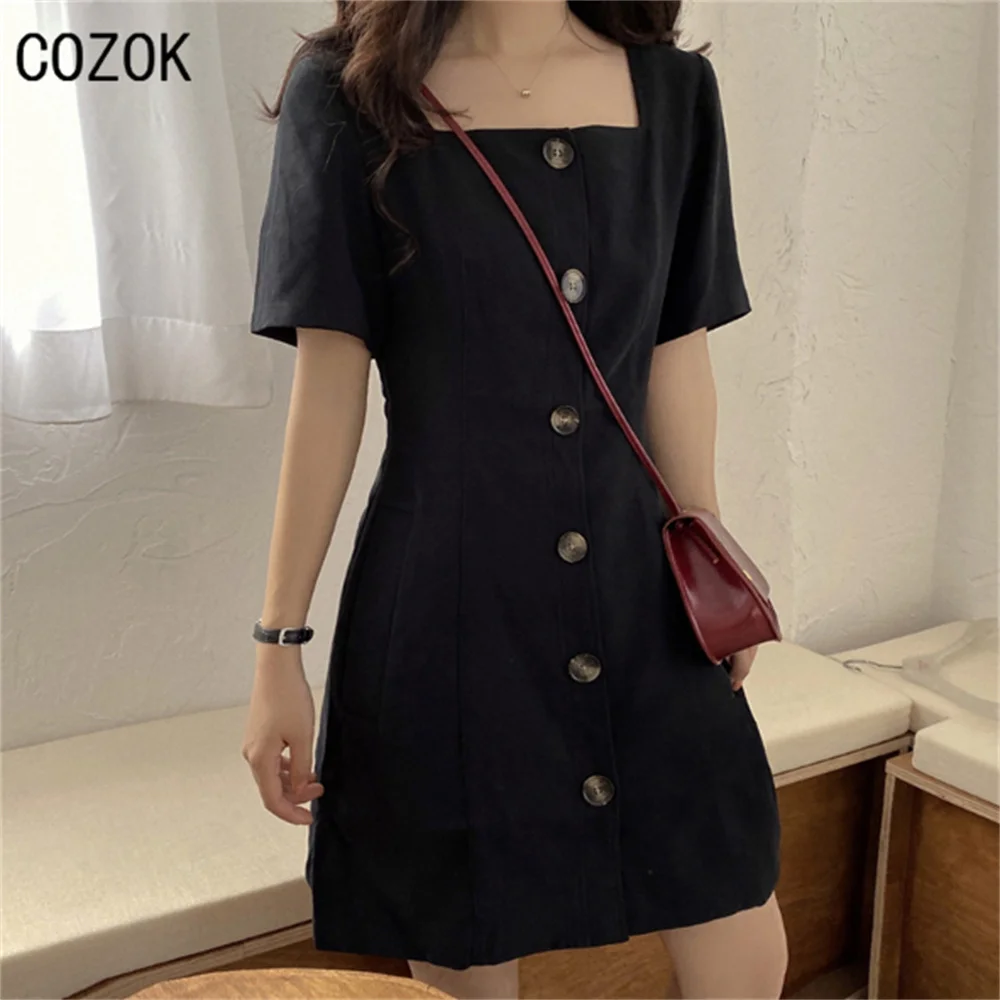 

French retro dress women, A-line square neck high waist black mini bag hip skirt, British college style short skirt summer dress