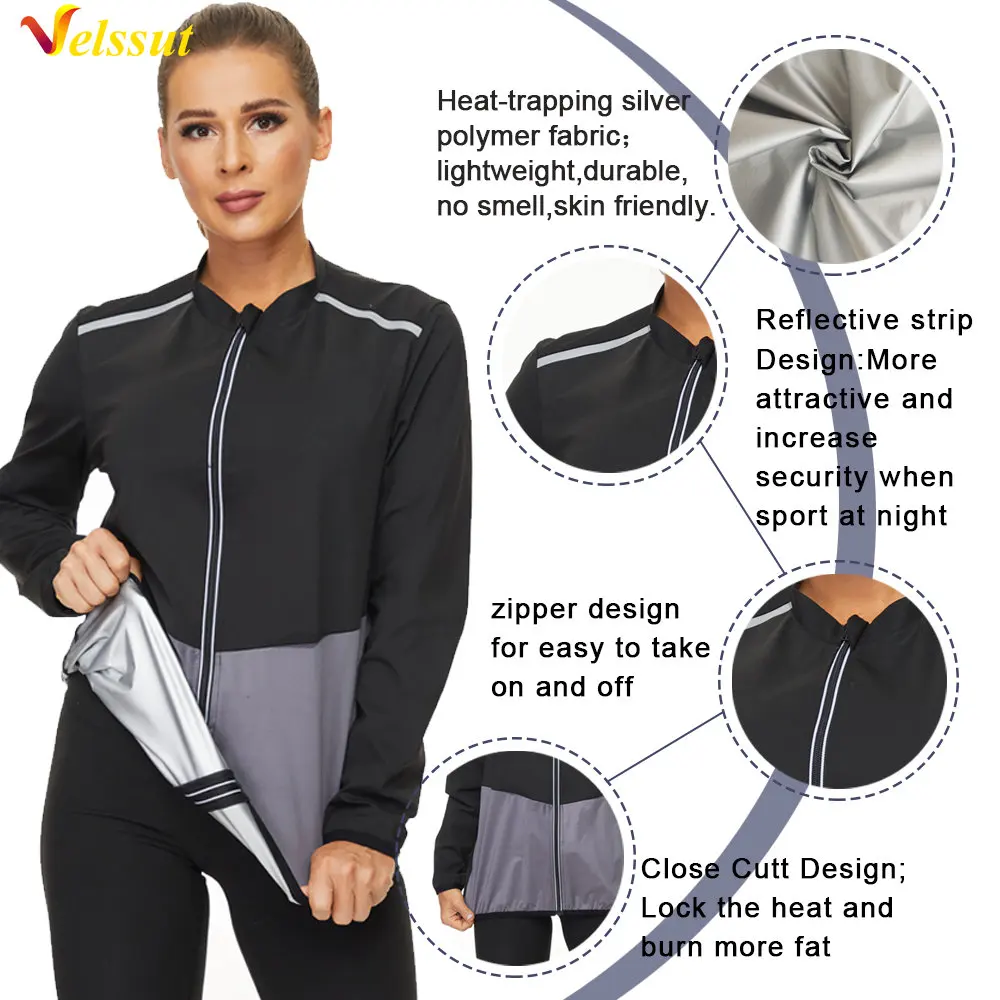 Velssut Sauna Jacket for Women Weight Loss Long Sleeve Workout Top Hot Sweat Sportwear Fitness Body Shaper Slimming Fat Burning