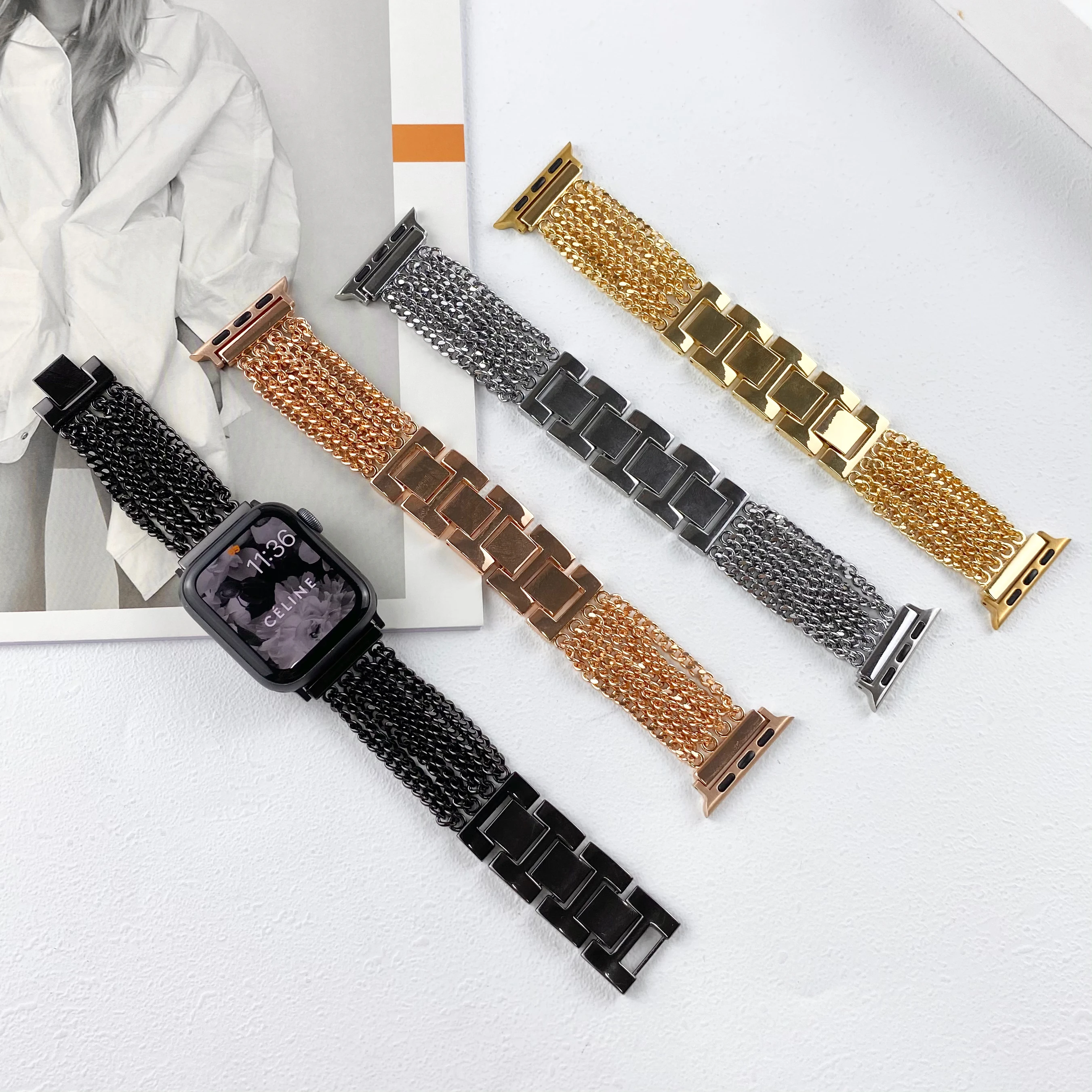 

Tassels Stainless Steel Straps for Apple Watch Series 7 6 SE 5 4 3 2 1 Link Bnad Correa for iWatch 38 40 41 42 44 45mm Bracelet