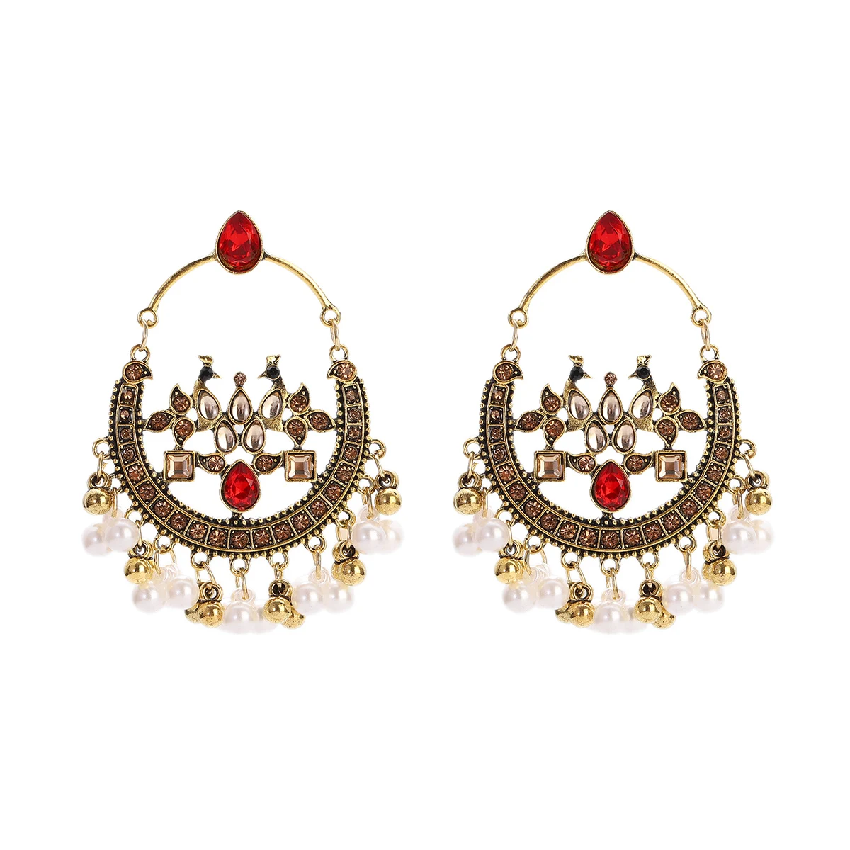 

Women Vintage Indian Peafowl Pearl Pendant Earring Red Blue Green Diamond Geometric Carved Ethnic Earring Wedding Party Jewelry