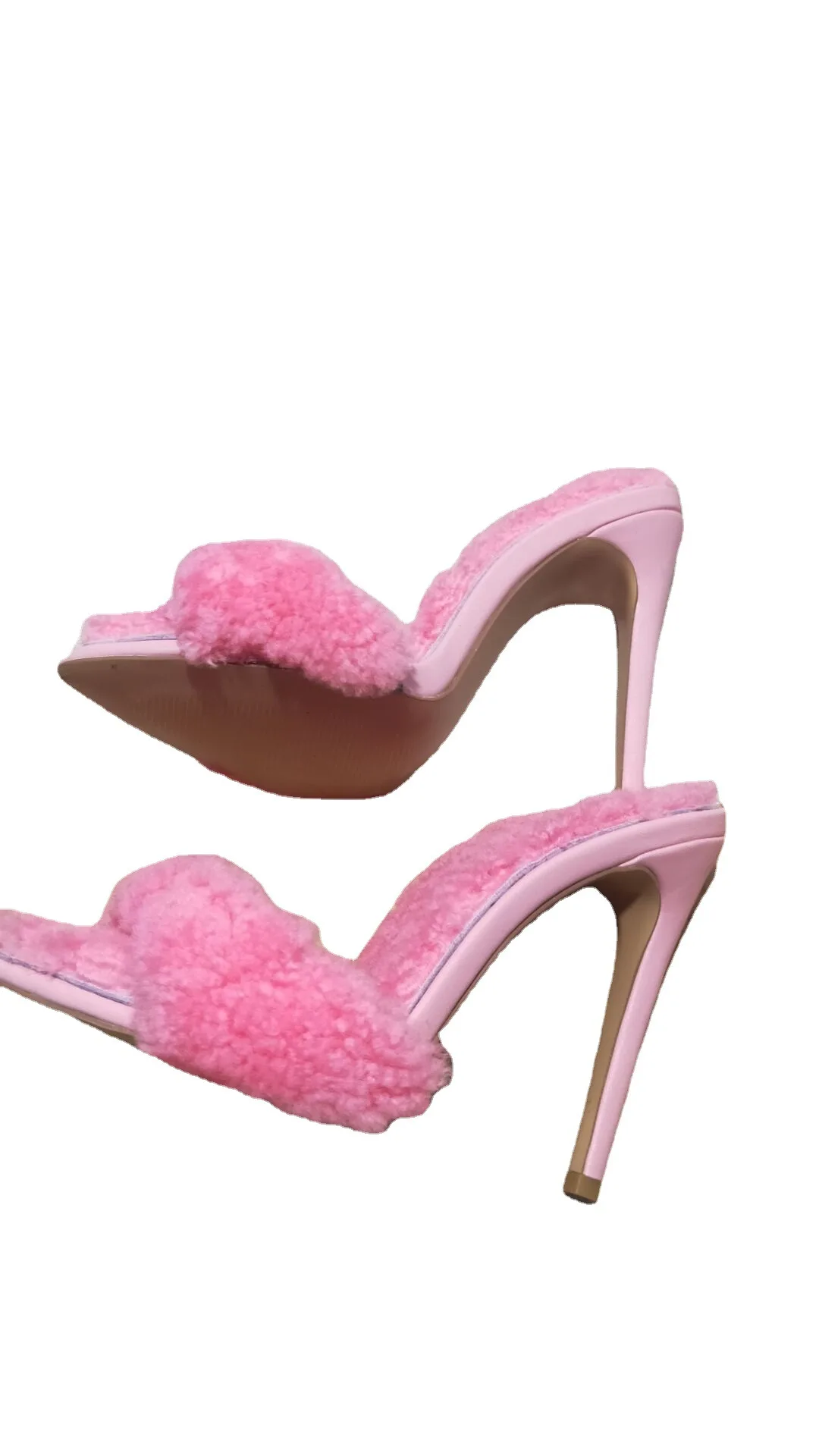 Charming Fur Peep Pointed Toe Slip-on Summer Slingback Slides Women Stiletto High Heels Dress Runway Shoes Sandals Slippers 2023