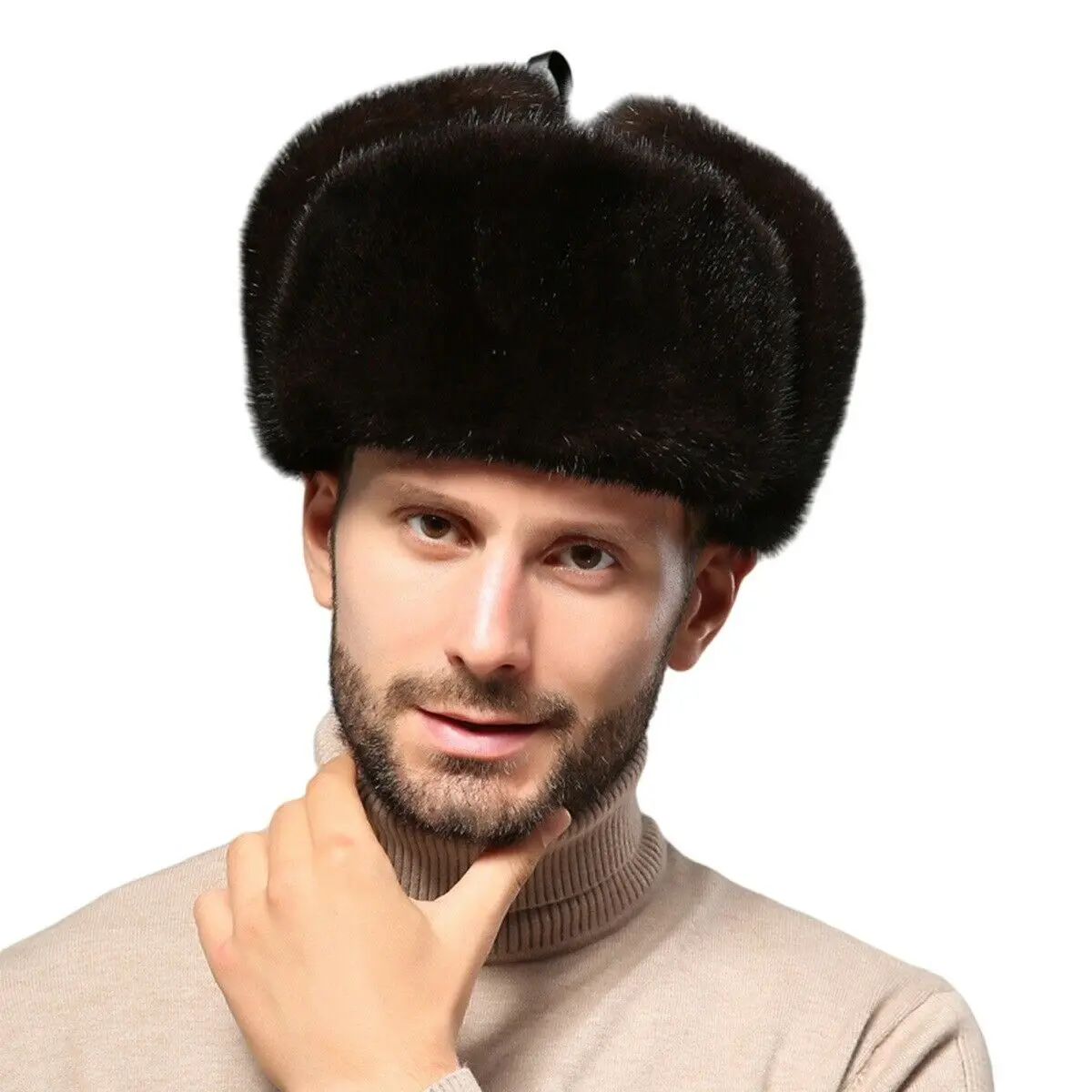 Men Real Sheepskin Mink Fur Bomber Trapper Hat Winter Warm Ear flap Cap Earmuffs