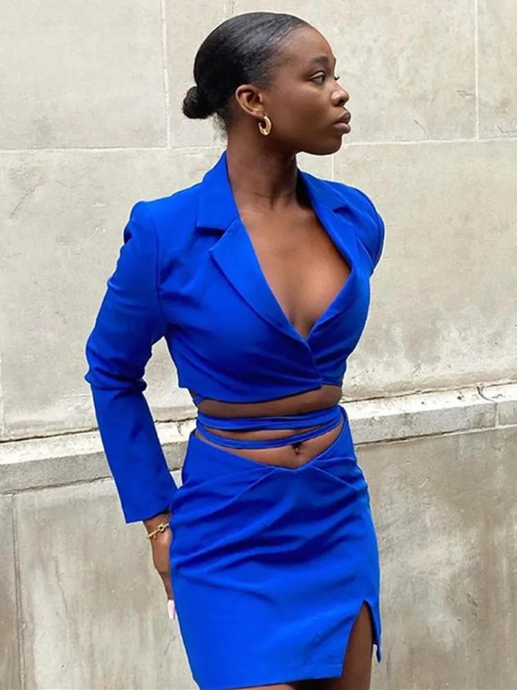 

Articat Fashion Autumn Solid Two Pieces Sets Women Matching Set Long Sleeve Nothed Bandage Blazer Bodycon Skirt Suit Outfit 2021