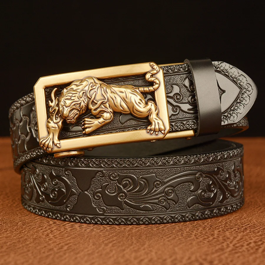 Men Belt Cowhide Carved Belt High Quality  Tiger Automatic Buckle Casual Retro Men Belts Trouser Accessories