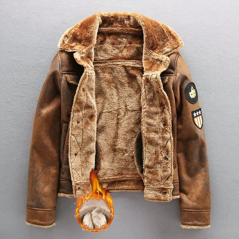 

Men's Winter Thick Warm Military Bomber Pu Jacket Tactical Faux Leather Jackets Outwear Fleece Coats Fur Inner Windbreaker